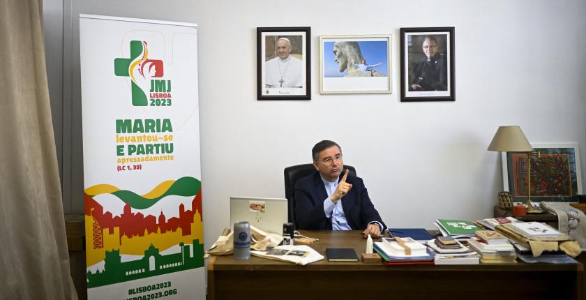 Bishop and President of World youth Day Foundation Americo Aguiar speaks during an interview at World Youth Day (WYD) headquarters in Lisbon, on June 14, 2023. A month ahead of World Youth Day (WYD), Lisbon is preparing to welcome Pope Francis, despite his health problems, and around a million young pilgrims, according to the organisers. Patricia DE MELO MOREIRA / AFP Bishop and President of World youth Day Foundation Americo Aguiar speaks during an interview at World Youth Day (WYD) headquarters in Lisbon, on June 14, 2023. A month ahead of World Youth Day (WYD), Lisbon is preparing to welcome Pope Francis, despite his health problems, and around a million young pilgrims, according to the organisers. Patricia DE MELO MOREIRA / AFP