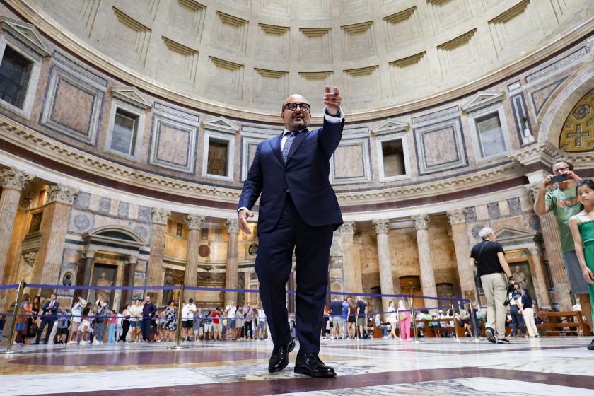 Italian Culture Minister Gennaro Sangiuliano during his visit at the Pantheon where from today tourists will pay the entrance fee for visiting, in Rome, Italy, 03 July 2023. Visitors to Rome's Pantheon will need to pay an entry fee starting 03 July 2023, Italy's culture ministry said. The piece of Roman architecture is one of the best-preserved monuments of ancient Rome. EPA/FABIO FRUSTACI Italian Culture Minister Gennaro Sangiuliano during his visit at the Pantheon where from today tourists will pay the entrance fee for visiting, in Rome, Italy, 03 July 2023. Visitors to Rome's Pantheon will need to pay an entry fee starting 03 July 2023, Italy's culture ministry said. The piece of Roman architecture is one of the best-preserved monuments of ancient Rome. EPA/FABIO FRUSTACI