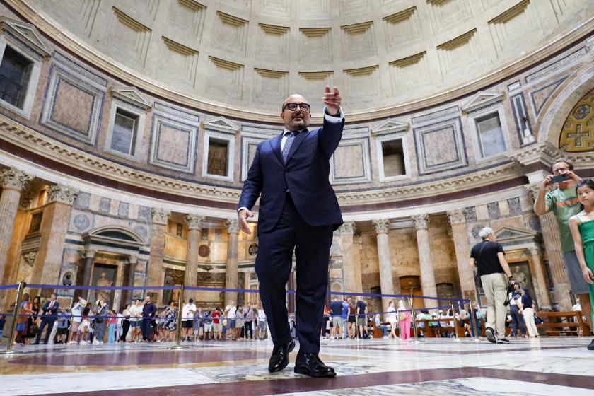 Italian Culture Minister Gennaro Sangiuliano during his visit at the Pantheon where from today tourists will pay the entrance fee for visiting, in Rome, Italy, 03 July 2023. Visitors to Rome's Pantheon will need to pay an entry fee starting 03 July 2023, Italy's culture ministry said. The piece of Roman architecture is one of the best-preserved monuments of ancient Rome. EPA/FABIO FRUSTACI