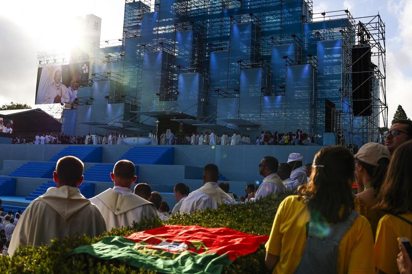 Pilgrims take part in the opening mass on the first day of the World Youth Day (WYD) in Lisbon, Portugal, 01 August 2023. The Pontiff will be in Portugal on the occasion of World Youth Day (WYD), one of the main events of the Church that gathers the Pope with young people from around the world. WYD 2023 will run from 01 to 06 August. EPA/MIGUEL A. LOPES