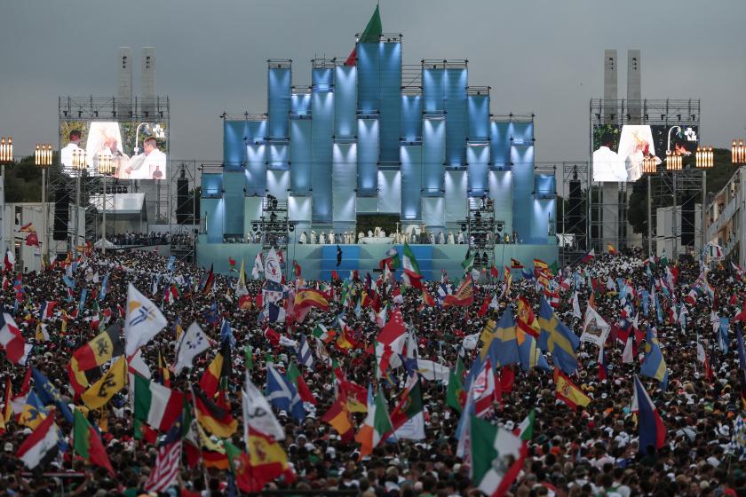 Pilgrims attend the opening mass of the World Youth Day (WYD) gathering of young Catholics in Eduardo VII Park in Lisbon on August 1, 2023. Portugal is expecting about a million pilgrims from around the world, according to organisers, to attend the World Youth Day gathering of young Catholics from August 1 to 6. Originally scheduled for August 2022, the event was postponed because of the Covid-19 pandemic. Thomas COEX / AFP Pilgrims attend the opening mass of the World Youth Day (WYD) gathering of young Catholics in Eduardo VII Park in Lisbon on August 1, 2023. Portugal is expecting about a million pilgrims from around the world, according to organisers, to attend the World Youth Day gathering of young Catholics from August 1 to 6. Originally scheduled for August 2022, the event was postponed because of the Covid-19 pandemic. Thomas COEX / AFP