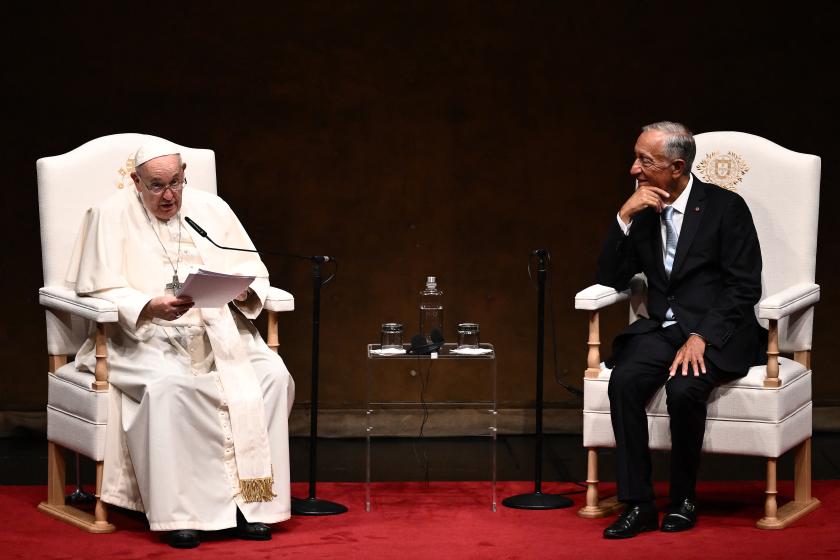 Pope Francis (L) and Portuguese President Marcelo Rebelo de Sousa hold a meeting with authorities, civil society, and the diplomatic corps at the Belem district's cultural centre in Lisbon, during his five-day visit to attend the World Youth Day (WYD) gathering of young Catholics, on August 2, 2023. Pope Francis arrived in Lisbon today to gather with a million youngsters from across the world at the World Youth Day (WYD), held as the Church reflects on its future. The 86-year-old underwent major abdominal surgery just two months ago, but that has not stopped an event-packed 42nd trip abroad, with 11 speeches and around 20 meetings scheduled. Marco BERTORELLO / AFP Pope Francis (L) and Portuguese President Marcelo Rebelo de Sousa hold a meeting with authorities, civil society, and the diplomatic corps at the Belem district's cultural centre in Lisbon, during his five-day visit to attend the World Youth Day (WYD) gathering of young Catholics, on August 2, 2023. Pope Francis arrived in Lisbon today to gather with a million youngsters from across the world at the World Youth Day (WYD), held as the Church reflects on its future. The 86-year-old underwent major abdominal s