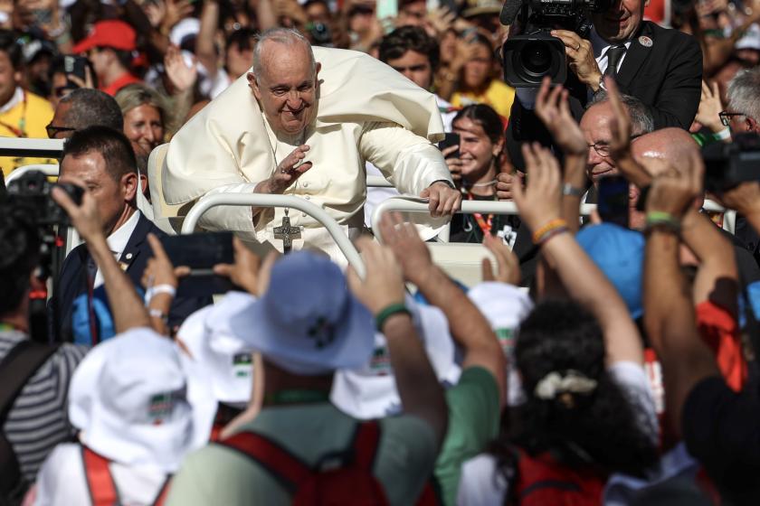 Pope Francis arrives to attend a welcome ceremony in Meeting Hill at Parque Eduardo VII in Lisbon, Portugal, 03 August 2023. The Pontiff is in Portugal on the occasion of World Youth Day (WYD), one of the main events of the Church that gathers the Pope with youngsters from around the world, that takes place until 06 August. EPA/JOSE SENA GOULAO / POOL Pope Francis arrives to attend a welcome ceremony in Meeting Hill at Parque Eduardo VII in Lisbon, Portugal, 03 August 2023. The Pontiff is in Portugal on the occasion of World Youth Day (WYD), one of the main events of the Church that gathers the Pope with youngsters from around the world, that takes place until 06 August. EPA/JOSE SENA GOULAO / POOL