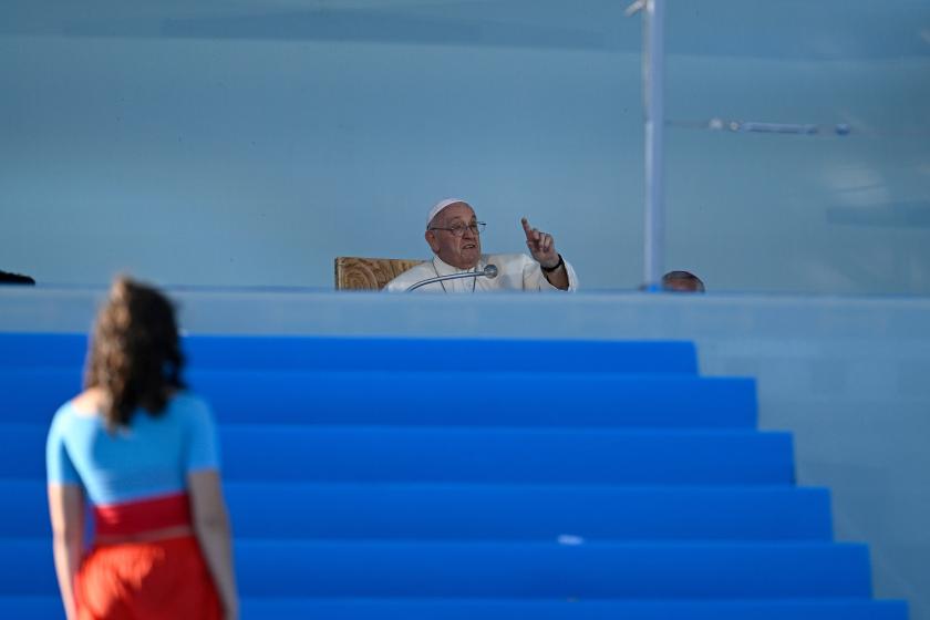 Pope Francis attends the welcoming ceremony of World Youth Day (WYD) gathering of young Catholics, at Eduardo VII Park in Lisbon on August 3, 2023. Pope Francis today urged young people to focus on caring for the planet and fighting climate change, calling for an "integral ecology" that melds environmental protection with the fight against poverty and other social problems. Around one million pilgrims from around the world will attend the World Youth Day, the largest Catholic gathering in the world, created in 1986 by John Paul II. Patricia DE MELO MOREIRA / AFP Pope Francis attends the welcoming ceremony of World Youth Day (WYD) gathering of young Catholics, at Eduardo VII Park in Lisbon on August 3, 2023. Pope Francis today urged young people to focus on caring for the planet and fighting climate change, calling for an "integral ecology" that melds environmental protection with the fight against poverty and other social problems. Around one million pilgrims from around the world will attend the World Youth Day, the largest Catholic gathering in the world, created