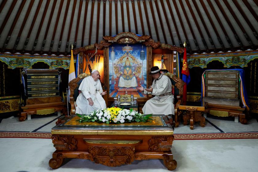 Pope Francis meets with Mongolia's President Ukhnaagiin Khurelsukh during a courtesy visit at the State Palace in Ulaanbaatar on September 2, 2023. REMO CASILLI / POOL / AFP Pope Francis meets with Mongolia's President Ukhnaagiin Khurelsukh during a courtesy visit at the State Palace in Ulaanbaatar on September 2, 2023. REMO CASILLI / POOL / AFP