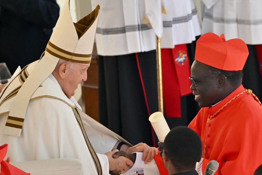 Archbishop from Juba in South Sudan, Stephen Ameyu Martin Mulla (R) is elevated cardinal by Pope Francis during a consistory to create 21 new cardinals at St. Peter's square in The Vatican on September 30, 2023. Pope Francis elevates 21 clergymen from all corners of the world to the rank of cardinal -- most of whom may one day cast ballots to elect his successor. Filippo MONTEFORTE / AFP Archbishop from Juba in South Sudan, Stephen Ameyu Martin Mulla (R) is elevated cardinal by Pope Francis during a consistory to create 21 new cardinals at St. Peter's square in The Vatican on September 30, 2023. Pope Francis elevates 21 clergymen from all corners of the world to the rank of cardinal -- most of whom may one day cast ballots to elect his successor. Filippo MONTEFORTE / AFP