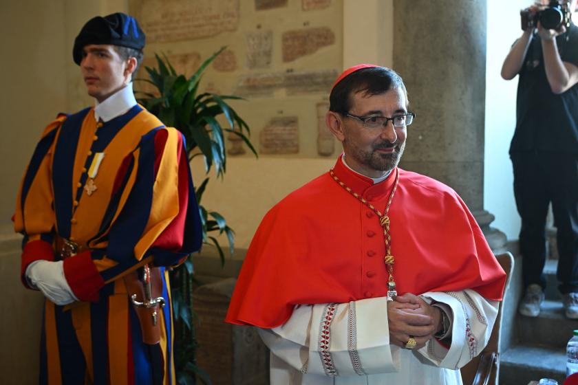 Newly elevated cardinal, Spanish archbishop from Madrid Jose Cobo Cano, attends a courtesy visit of relatives following a consistory for the creation of 21 new cardinals in The Vatican on September 30, 2023. Pope Francis elevates 21 clergymen from all corners of the world to the rank of cardinal -- most of whom may one day cast ballots to elect his successor. Filippo MONTEFORTE / AFP