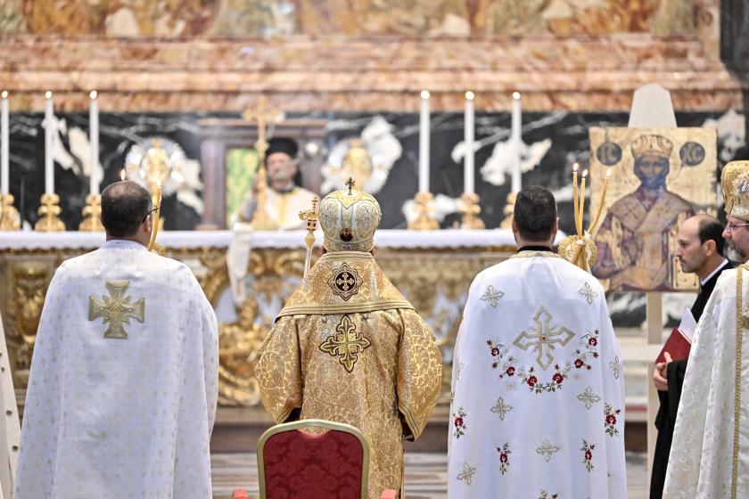Members of the clergy take part in the celebration of a mass, presided over by Patriarch of the Greek-Melkite Catholic Church Youssef Absi, at the altar of the chair of St. Peter's Basilica, on the sidelines of 16th General Assembly of the Synod of Bishops at the Vatican, 09 October 2023. EPA/ALESSANDRO DI MEO Members of the clergy take part in the celebration of a mass, presided over by Patriarch of the Greek-Melkite Catholic Church Youssef Absi, at the altar of the chair of St. Peter's Basilica, on the sidelines of 16th General Assembly of the Synod of Bishops at the Vatican, 09 October 2023. EPA/ALESSANDRO DI MEO