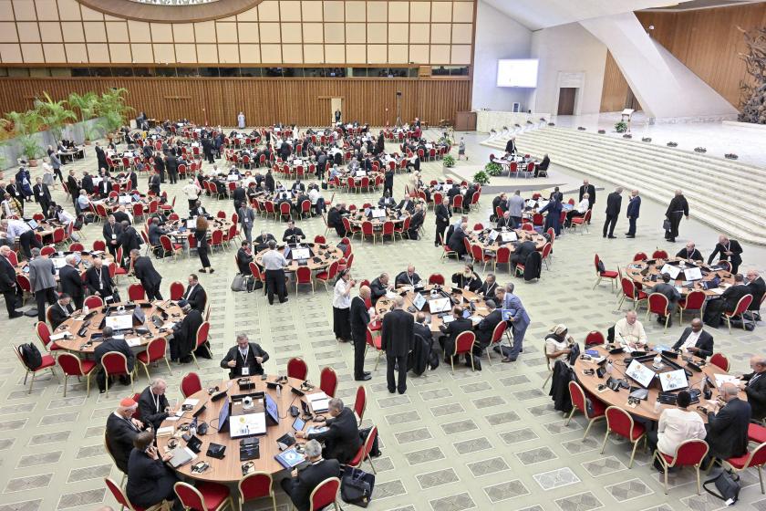 Participants gather in the Paul VI hall for the 16th General Assembly of the Synod of Bishops at the Vatican, 09 October 2023. The 16th Ordinary General Assembly of the Synod of Bishops will be held in two sessions, spaced one year apart: the first from 04 to 29 October 2023, the second in October 2024. EPA/ALESSANDRO DI MEO Participants gather in the Paul VI hall for the 16th General Assembly of the Synod of Bishops at the Vatican, 09 October 2023. The 16th Ordinary General Assembly of the Synod of Bishops will be held in two sessions, spaced one year apart: the first from 04 to 29 October 2023, the second in October 2024. EPA/ALESSANDRO DI MEO
