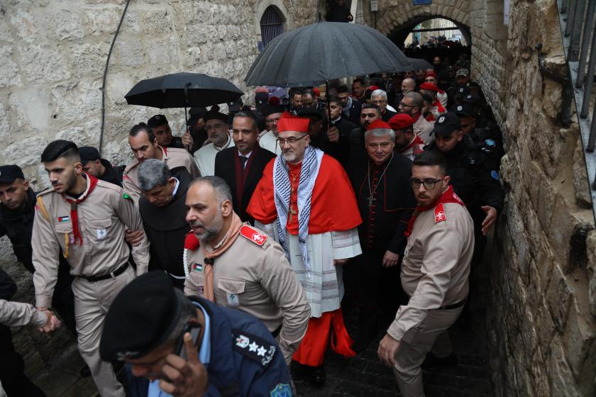 The Latin Patriarch of Jerusalem Pierbattista Pizzaballa arrives at the Manger Square to attend the midnight Christmas Mass at the Church of the Nativity, in the West Bank town of Bethlehem, 24 December 2023. The Latin Patriarch of Jerusalem Pierbattista Pizzaballa arrives at the Manger Square to attend the midnight Christmas Mass at the Church of the Nativity, in the West Bank town of Bethlehem, 24 December 2023.