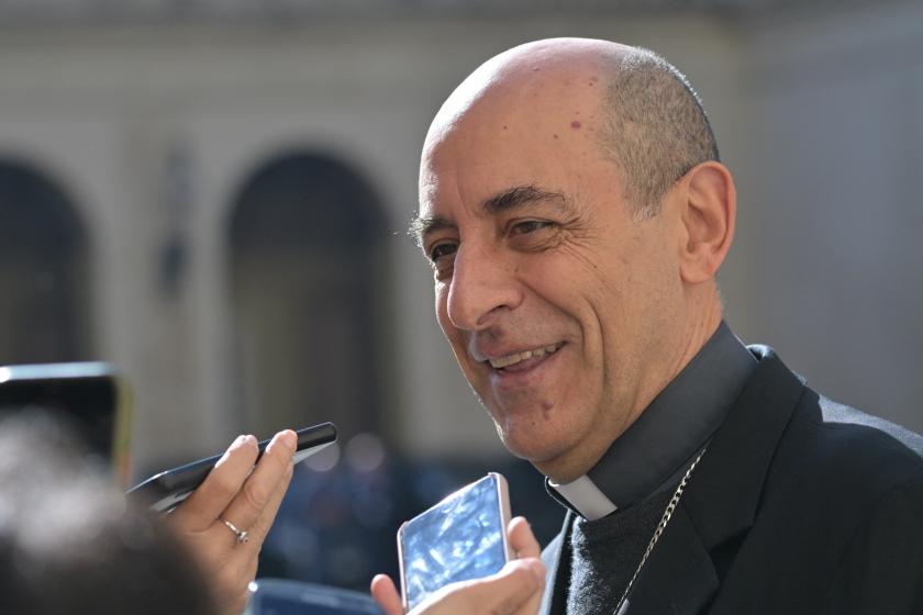 Argentinian cardinal Victor Manuel Fernandez speaks to the press on February 12, 2024 at San Damaso courtyard in The Vatican during a private audience of Argentina's President Javier Milei with Pope Francis. Andreas SOLARO / AFP