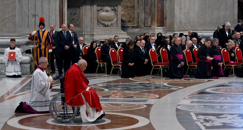 Pope Francis (R) celebrates Good Friday Mass for the Passion of the Lord at St. Peter's Basilica in the Vatican, 29 March 2024. EPA/ETTORE FERRARI Pope Francis (R) celebrates Good Friday Mass for the Passion of the Lord at St. Peter's Basilica in the Vatican, 29 March 2024. EPA/ETTORE FERRARI