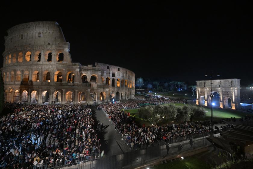People gather for the Way of the Cross (Via Crucis) presided by Pope Francis at the Colosseum as part of the Holy Week celebrations, on March 29, 2024 in Rome. Pope Francis pulled out of Friday's Way of the Cross ceremony at the last minute, with the Vatican saying he wanted to "preserve his health" ahead of other Easter events this weekend. "To preserve his health ahead of tomorrow's vigil and the Easter Sunday mass, Pope Francis will this evening follow the Way of the Cross at the Coliseum from the Saint Martha Residence," the Vatican said in a statement. Andreas SOLARO / AFP People gather for the Way of the Cross (Via Crucis) presided by Pope Francis at the Colosseum as part of the Holy Week celebrations, on March 29, 2024 in Rome. Pope Francis pulled out of Friday's Way of the Cross ceremony at the last minute, with the Vatican saying he wanted to "preserve his health" ahead of other Easter events this weekend. "To preserve his health ahead of tomorrow's vigil and the Easter Sunday mass, Pope Francis will this evening follow the Way of the Cross at the Coliseum from the Saint