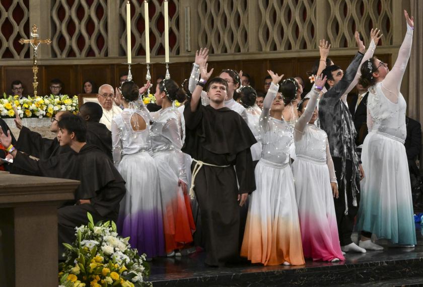 Pope Francis (C-L, rear) watches a dance performance dedicated to the religious song 'Canticle of the Creatures' composed by Saint Francis of Assisi in the Cathedral Notre-Dame in Luxembourg, 26 September 2024. Following the longest journey of his pontificate to Asia and Oceania, Pope Francis is to pay a rare visit to Luxembourg before heading to Brussels, on a trip to 'the heart of Europe' he will use to discuss the continent's role in the world. The pastoral visit to Brussels, focusing on the celebrations of the 600th anniversary of the Catholic University of Leuven in Belgium, will last until 29 September. EPA/CIRO FUSCO Pope Francis (C-L, rear) watches a dance performance dedicated to the religious song 'Canticle of the Creatures' composed by Saint Francis of Assisi in the Cathedral Notre-Dame in Luxembourg, 26 September 2024. Following the longest journey of his pontificate to Asia and Oceania, Pope Francis is to pay a rare visit to Luxembourg before heading to Brussels, on a trip to 'the heart of Europe' he will use to discuss the continent's role in the world. The pastoral visit to Brussels, focusing on the celebrations