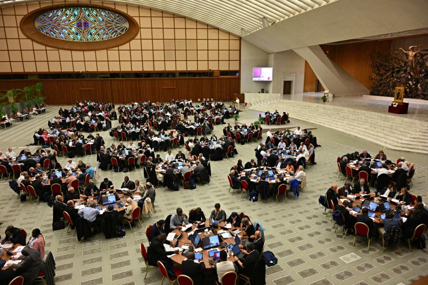 A general view shows the Instrumentum laboris part II at the Paolo VI Hall, at the Vatican on October 10, 2024. Andreas SOLARO / AFP A general view shows the Instrumentum laboris part II at the Paolo VI Hall, at the Vatican on October 10, 2024. Andreas SOLARO / AFP