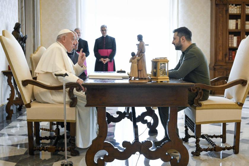 In this handout photograph released by the Ukrainian Presidential Press Service on October 11, 2024, Ukraine's President Volodymyr Zelensky (R) attends a meeting with Pope Francis (L) in the Vatican. Handout / UKRAINIAN PRESIDENTIAL PRESS SERVICE / AFP In this handout photograph released by the Ukrainian Presidential Press Service on October 11, 2024, Ukraine's President Volodymyr Zelensky (R) attends a meeting with Pope Francis (L) in the Vatican. Handout / UKRAINIAN PRESIDENTIAL PRESS SERVICE / AFP