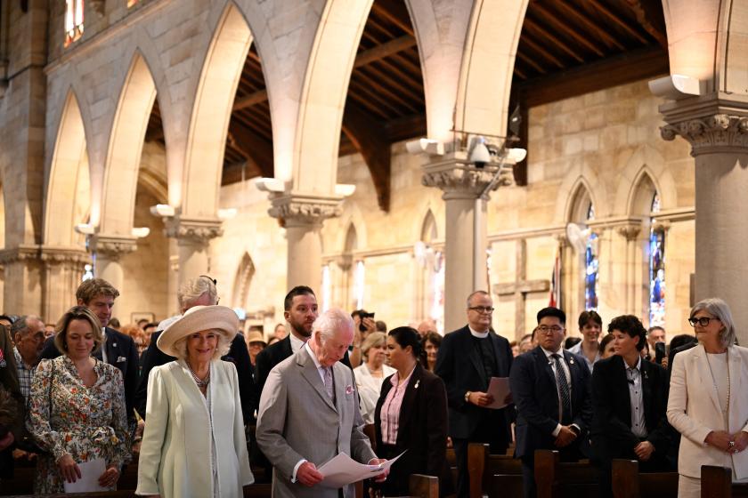 Britain's King Charles III and Queen Camilla attend a Sunday morning service at St Thomas' Anglican Church in Sydney on October 20, 2024, during their six-day royal visit to Sydney and Canberra. Britain's King Charles III and Queen Camilla attend a Sunday morning service at St Thomas' Anglican Church in Sydney on October 20, 2024, during their six-day royal visit to Sydney and Canberra.