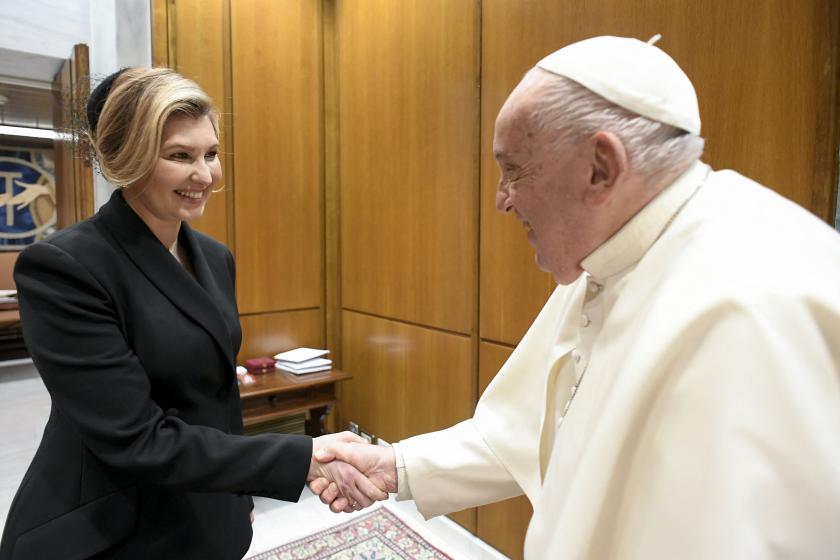 Pope Francis during a meeting with Ukraine's First Lady Olena Zelenska Pope Francis during a meeting with Ukraine's First Lady Olena Zelenska