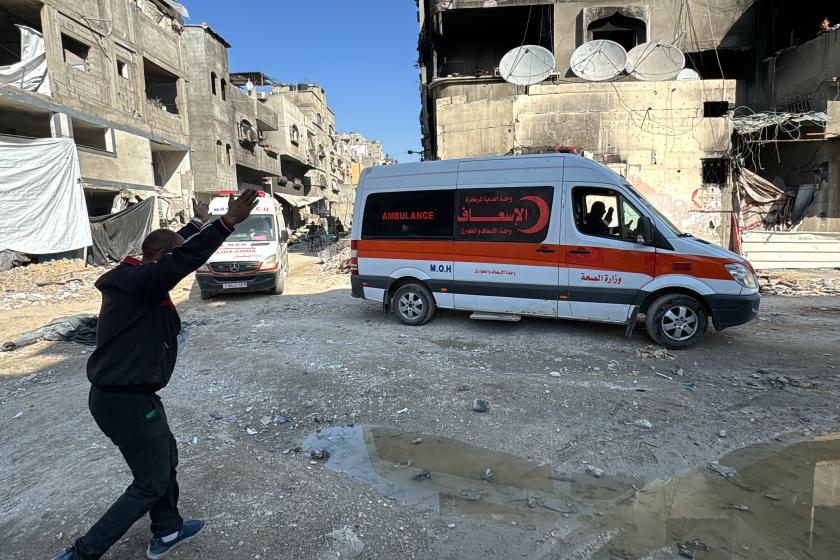 A Palestinian man gestures toward ambulances transporting victims of Israeli bombing to the Kamal Adwan hospital in Beit Lahia in the northern Gaza Strip, on November 23, 2024, amid the ongoing war between Israel and Hamas militants. AFP A Palestinian man gestures toward ambulances transporting victims of Israeli bombing to the Kamal Adwan hospital in Beit Lahia in the northern Gaza Strip, on November 23, 2024, amid the ongoing war between Israel and Hamas militants. AFP