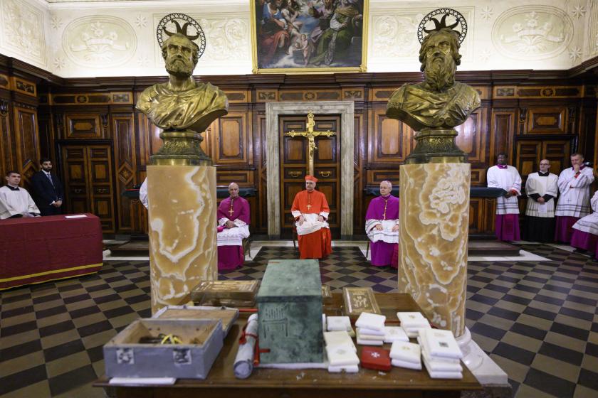 This handout photo taken on December 2, 2024 and released by the Vatican press office, Vatican Media shows Cardinal Mauro Gambetti during the “recognition” of the Holy Door in St.Peters’ Basilica in Vatican. The Holy Door will be opened by Pope Francis on December 24 as the beginning of the Jubilee year at the Vatican. VATICAN MEDIA / AFP This handout photo taken on December 2, 2024 and released by the Vatican press office, Vatican Media shows Cardinal Mauro Gambetti during the “recognition” of the Holy Door in St.Peters’ Basilica in Vatican. The Holy Door will be opened by Pope Francis on December 24 as the beginning of the Jubilee year at the Vatican. VATICAN MEDIA / AFP