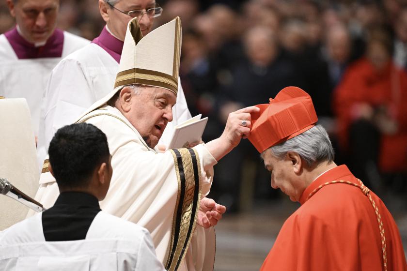 Pope Francis places the biretta upon the head of newly-appointed Italian cardinal Domenico Battaglia during an Ordinary Public Consistory for the creation of new cardinals, at St Peter's Basilica in the Vatican, on December 7, 2024. On December 7, Pope Francis will create 21 new cardinals from five continents, including bishops from Algiers, Tehran, Tokyo and Abidjan, many of whom may one day help choose his successor. In the tenth such consistory since he became pope in 2013, Francis, 87, is seeking again to shape the upper echelons of the Catholic Church in his image, and consolidate his legacy as the leader of a more inclusive and global institution. Pope Francis places the biretta upon the head of newly-appointed Italian cardinal Domenico Battaglia during an Ordinary Public Consistory for the creation of new cardinals, at St Peter's Basilica in the Vatican, on December 7, 2024. On December 7, Pope Francis will create 21 new cardinals from five continents, including bishops from Algiers, Tehran, Tokyo and Abidjan, many of whom may one day help choose his successor. In the tenth such consistory since he became pope in 2013, Francis, 87, is seeking again