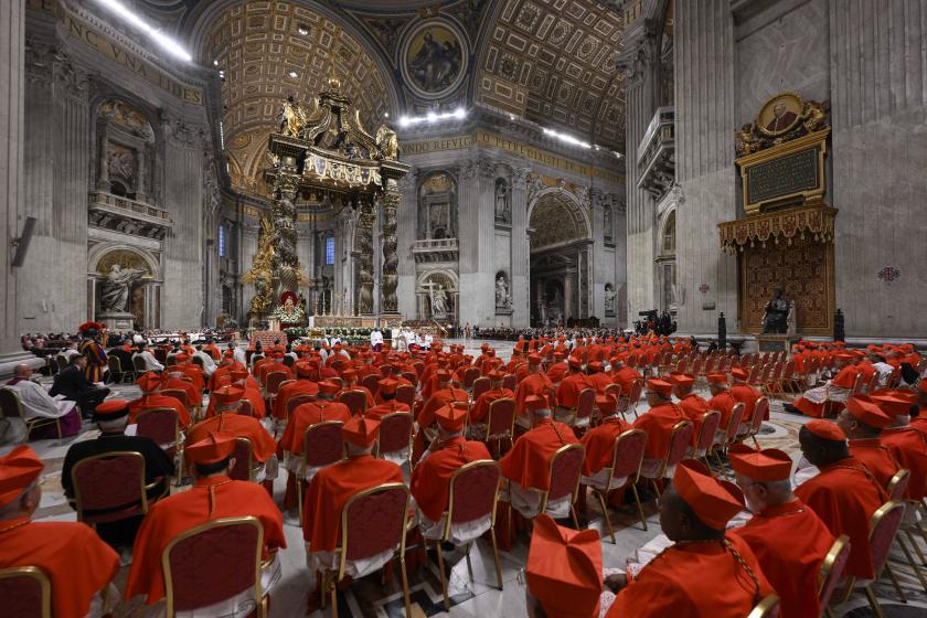 This handout photo taken and relased by the Vatican Media on December 7, 2024 shows Pope Francis (Rear C) and Cardinals during an Ordinary Public Consistory for the creation of new cardinals, at St. Peter's Basilica in the Vatican, on December 7, 2024. On December 7, Pope Francis will create 21 new cardinals from five continents, including bishops from Algiers, Tehran, Tokyo and Abidjan, many of whom may one day help choose his successor. In the tenth such consistory since he became pope in 2013, Francis, 87, is seeking again to shape the upper echelons of the Catholic Church in his image, and consolidate his legacy as the leader of a more inclusive and global institution. Handout / VATICAN MEDIA / AFP This handout photo taken and relased by the Vatican Media on December 7, 2024 shows Pope Francis (Rear C) and Cardinals during an Ordinary Public Consistory for the creation of new cardinals, at St. Peter's Basilica in the Vatican, on December 7, 2024. On December 7, Pope Francis will create 21 new cardinals from five continents, including bishops from Algiers, Tehran, Tokyo and Abidjan, many of whom may one day help choose his successor. In the tenth such consistory since he became pope in 2013, Francis, 8