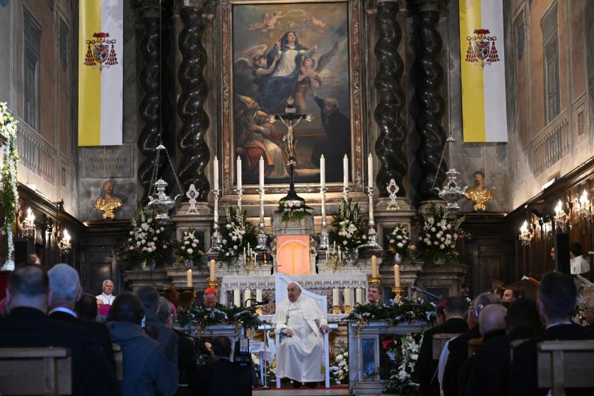 Pope Francis addresses bishops, priests, deacons, consecrated persons and seminarians at the cathedral of Our Lady of the Assumption in Ajaccio, as part of his trip on the French island of Corsica, on December 15, 2024.