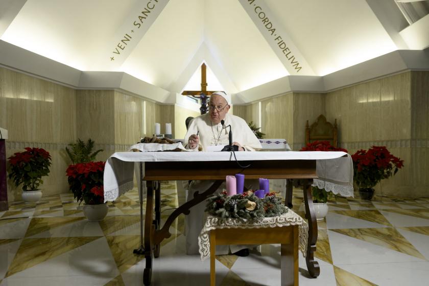 This photo taken and handout on December 22, 2024 by The Vatican Media shows Pope Francis during the Angelus prayer in The Vatican. Handout / VATICAN MEDIA / AFP This photo taken and handout on December 22, 2024 by The Vatican Media shows Pope Francis during the Angelus prayer in The Vatican. Handout / VATICAN MEDIA / AFP