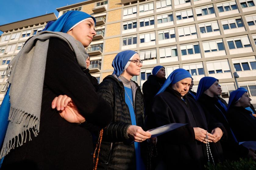 Nuns pray at the statue of John Paul II outside the Gemelli hospital where Pope Francis is hospitalized for pneumonia, in Rome on February 23, 2025. AFP Nuns pray at the statue of John Paul II outside the Gemelli hospital where Pope Francis is hospitalized for pneumonia, in Rome on February 23, 2025. AFP