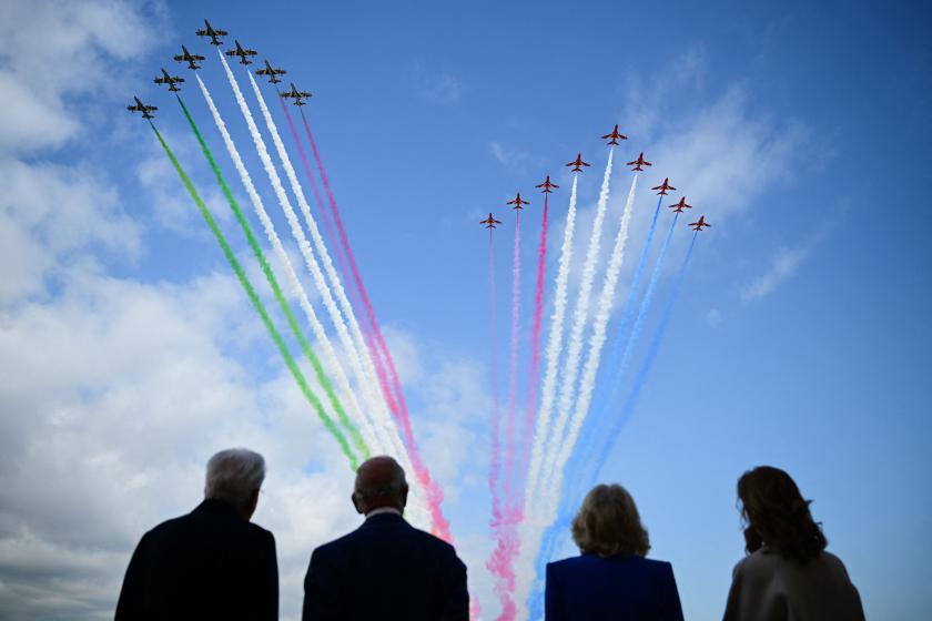 Britain's King Charles III (2ndL), Britain's Queen Camilla (2ndR), Italy's President Sergio Mattarella and daughter of Italy's President Laura Mattarella stand on the terrasse of the Quirinale Presidential Palace as the Frecce Tricolori and Red Arrows aerobatic units perform in the sky of Rome during a state visit in Italy, on April 8, 2025. King Charles III on Monday began a four-day state visit to Italy in which he will address parliament and tour the Colosseum. The trip comes 10 days after Charles, 76, was briefly admitted to hospital after experiencing side effects from his cancer treatment. Britain's King Charles III (2ndL), Britain's Queen Camilla (2ndR), Italy's President Sergio Mattarella and daughter of Italy's President Laura Mattarella stand on the terrasse of the Quirinale Presidential Palace as the Frecce Tricolori and Red Arrows aerobatic units perform in the sky of Rome during a state visit in Italy, on April 8, 2025. King Charles III on Monday began a four-day state visit to Italy in which he will address parliament and tour the Colosseum. The trip comes 10 days after Charles, 76, w