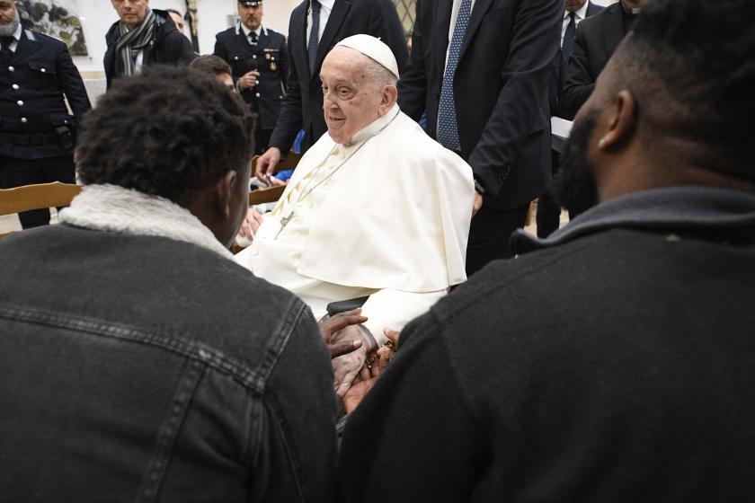 This photo taken and handout on April 17, 2025 by The Vatican Media shows Pope Francis during a private visit at the "Regina Coeli" prison where he met around 70 inmates as part of the Holy Thursday celebrations in Rome. Handout / VATICAN MEDIA / AFP This photo taken and handout on April 17, 2025 by The Vatican Media shows Pope Francis during a private visit at the "Regina Coeli" prison where he met around 70 inmates as part of the Holy Thursday celebrations in Rome. Handout / VATICAN MEDIA / AFP