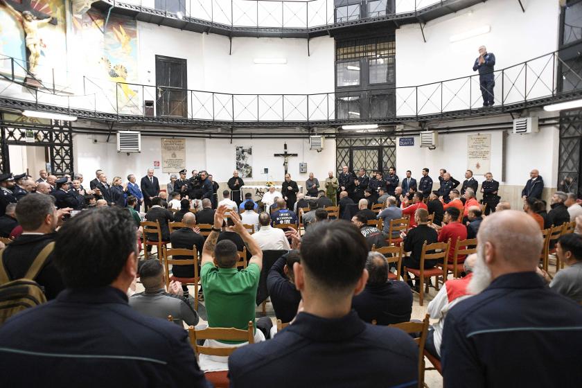 This photo taken and handout on April 17, 2025 by The Vatican Media shows Pope Francis during a private visit at the "Regina Coeli" prison where he met around 70 inmates as part of the Holy Thursday celebrations in Rome. Handout / VATICAN MEDIA / AFP This photo taken and handout on April 17, 2025 by The Vatican Media shows Pope Francis during a private visit at the "Regina Coeli" prison where he met around 70 inmates as part of the Holy Thursday celebrations in Rome. Handout / VATICAN MEDIA / AFP