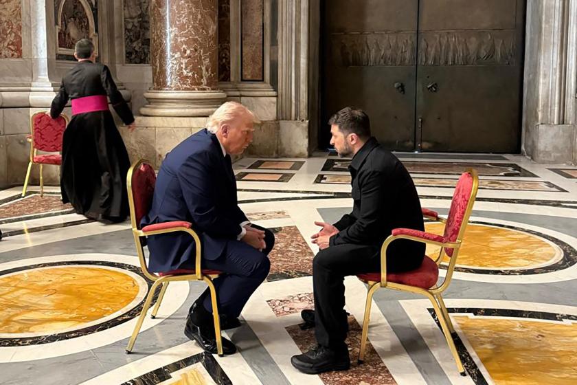 In this handout photograph taken and released by the Ukrainian Presidential Press Service on April 26, 2025, Ukraine's President Volodymyr Zelensky (R) meets with US President Donald Trump (L) on the sidelines of Pope Francis's funeral at St. Peter's Basilica at the Vatican. In this handout photograph taken and released by the Ukrainian Presidential Press Service on April 26, 2025, Ukraine's President Volodymyr Zelensky (R) meets with US President Donald Trump (L) on the sidelines of Pope Francis's funeral at St. Peter's Basilica at the Vatican.