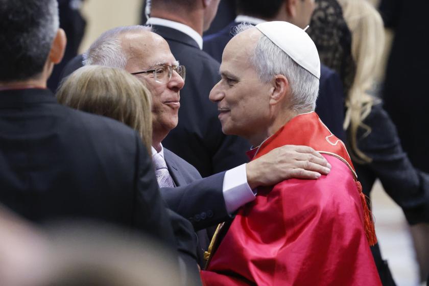 Leo XIV (R) greets his brother Louis Prevost at the end of the Holy Mass for the beginning of his pontificate, in St. Peter's Square, Vatican City, 18 May 2025. EPA/FABIO FRUSTACI Leo XIV (R) greets his brother Louis Prevost at the end of the Holy Mass for the beginning of his pontificate, in St. Peter's Square, Vatican City, 18 May 2025. EPA/FABIO FRUSTACI