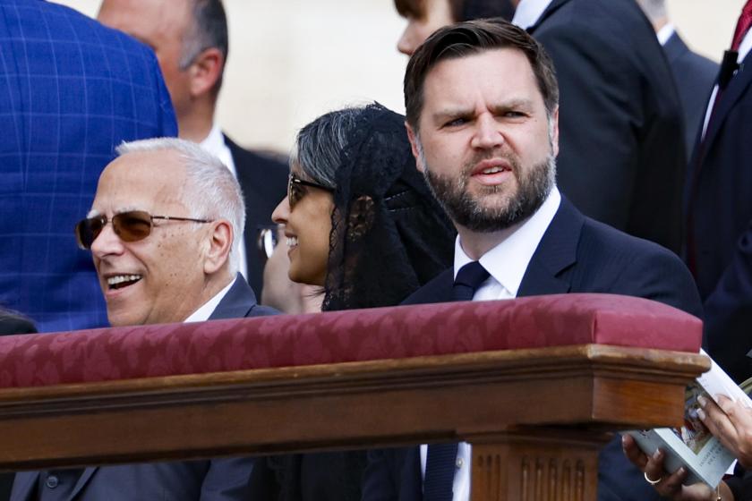 Louis Prevost (L), brother of Pope Leo XIV, US Vice President JD Vance (R), and Second Lady Usha Vance (C) attend the Holy Mass for the beginning of the Pontificate of Pope Leo XIV at St. Peter's Square in Vatican City, 18 May 2025. EPA/FABIO FRUSTACI Louis Prevost (L), brother of Pope Leo XIV, US Vice President JD Vance (R), and Second Lady Usha Vance (C) attend the Holy Mass for the beginning of the Pontificate of Pope Leo XIV at St. Peter's Square in Vatican City, 18 May 2025. EPA/FABIO FRUSTACI