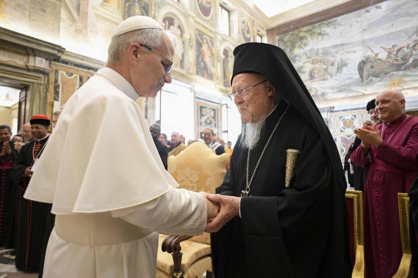 Pope Leo XIV greeting Bartholomew I, Ecumenical Patriarch of Constantinople, during an meeting with a ecumenical and inter-religious delegation in The Vatican. Handout / VATICAN MEDIA / AFP Pope Leo XIV greeting Bartholomew I, Ecumenical Patriarch of Constantinople, during an meeting with a ecumenical and inter-religious delegation in The Vatican. Handout / VATICAN MEDIA / AFP