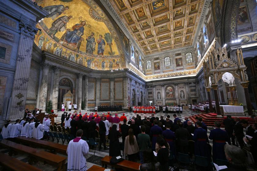 Pope Leo XIV during the visit to take possession of the Basilica of Saint Paul Outside the Walls, in Rome, Italy, 20 May 2025.