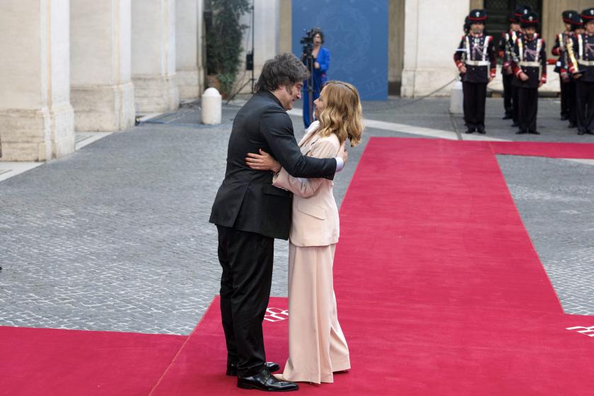 Italian Prime Minister Giorgia Meloni (R) welcomes Argentina's President Javier Milei at the Chigi Palace in Rome in Rome, on June 6, 2025 Massimo PERCOSSI / ANSA / AFP Italian Prime Minister Giorgia Meloni (R) welcomes Argentina's President Javier Milei at the Chigi Palace in Rome in Rome, on June 6, 2025 Massimo PERCOSSI / ANSA / AFP