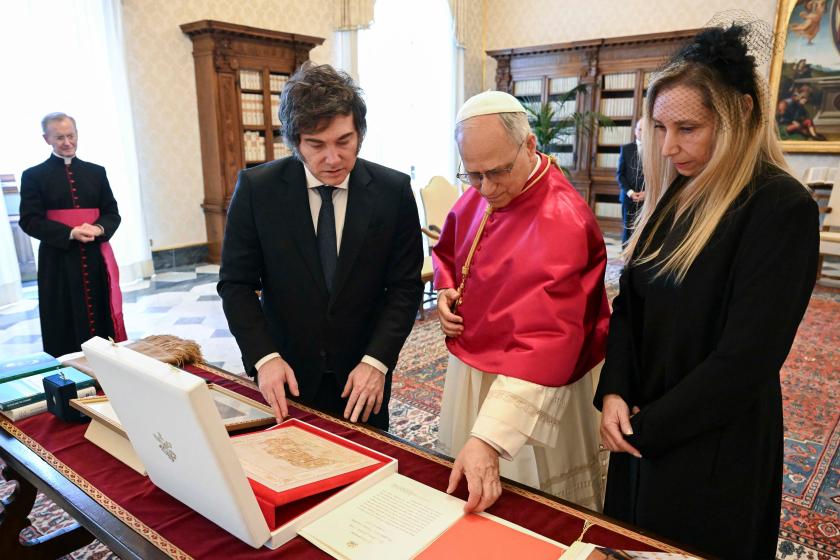 This handout photograph taken and released on June 7, 2025, by Vatican Media shows Pope Leo XIV (2nd R) flanked by Argentina's President Javier Milei (2nd L) and his sister, Argentina's Secretary General of the Presidency Karina Milei (R), during a private audience at the Vatican. Mario Tomassetti / VATICAN MEDIA / AFP This handout photograph taken and released on June 7, 2025, by Vatican Media shows Pope Leo XIV (2nd R) flanked by Argentina's President Javier Milei (2nd L) and his sister, Argentina's Secretary General of the Presidency Karina Milei (R), during a private audience at the Vatican. Mario Tomassetti / VATICAN MEDIA / AFP