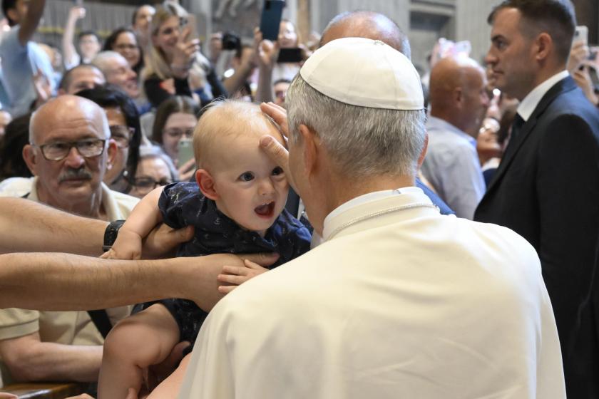 A handout picture provided by the Vatican Media shows Pope Leo XIV (C, front) blessing a child during the Jubilee Audience at the Saint Peter's Basilica, in Vatican City, 14 June 2025. A handout picture provided by the Vatican Media shows Pope Leo XIV (C, front) blessing a child during the Jubilee Audience at the Saint Peter's Basilica, in Vatican City, 14 June 2025.