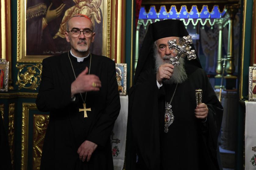 Latin Patriarch of Jerusalem Pierbattista Pizzaballa (L) and Greek Orthodox Patriarch of Jerusalem Theophilos III, visit to the Saint Porphyrius Church in Gaza City on July 18, 2025, a day after Israeli fire killed three at the Palestinian territory's only Catholic church, provoking international condemnation. The delegation expressed "the shared pastoral solicitude of the Churches of the Holy Land and their concern for the community of Gaza", the Latin Patriarchate said. Omar AL-QATTAA / AFP Latin Patriarch of Jerusalem Pierbattista Pizzaballa (L) and Greek Orthodox Patriarch of Jerusalem Theophilos III, visit to the Saint Porphyrius Church in Gaza City on July 18, 2025, a day after Israeli fire killed three at the Palestinian territory's only Catholic church, provoking international condemnation. The delegation expressed "the shared pastoral solicitude of the Churches of the Holy Land and their concern for the community of Gaza", the Latin Patriarchate said. Omar AL-QATTAA / AFP