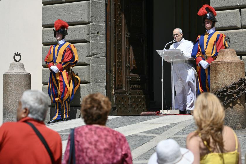 Pope Leo XIV addresses the crowd for the Angelus prayer in Piazza della Liberta (Liberty Square) in front of Palazzo Apostolico (Apostolic Palace) in the summer papal estate in Castel Gandolfo, 40 km southeast of Rome, on July 20, 2025. The newly elected Pope Leo XIV, revives a long-standing papal tradition paused under Francis, as Castel Gandolfo prepares to welcome a pope for the first time in over a decade. Alberto PIZZOLI / AFP Pope Leo XIV addresses the crowd for the Angelus prayer in Piazza della Liberta (Liberty Square) in front of Palazzo Apostolico (Apostolic Palace) in the summer papal estate in Castel Gandolfo, 40 km southeast of Rome, on July 20, 2025. The newly elected Pope Leo XIV, revives a long-standing papal tradition paused under Francis, as Castel Gandolfo prepares to welcome a pope for the first time in over a decade. Alberto PIZZOLI / AFP