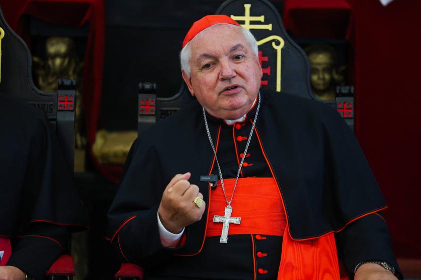Cardinal Jean-Marc Aveline, Archbishop of Marseille and president of the Bishops' Conference of France, speaks during a press conference at the Latin Patriarchate church in Jerusalem’s Old City on August 19, 2025. Ahmad GHARABLI / AFP