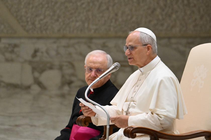 Pope Leo XIV speaks during his weekly audience at the Paul VI hall in the Vatican on August 20, 2025. Alberto PIZZOLI / AFP
