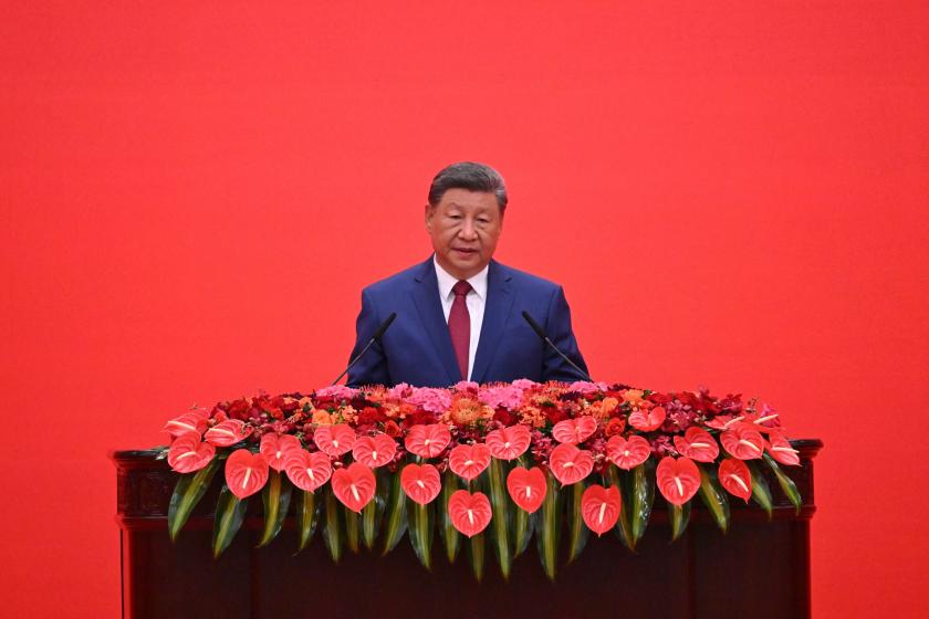 China’s President Xi Jinping delivers a speech at a reception in the Great Hall of People, following a military parade marking the 80th anniversary of victory over Japan and the end of World War II, in Beijing on September 3, 2025. Jade Gao / AFP