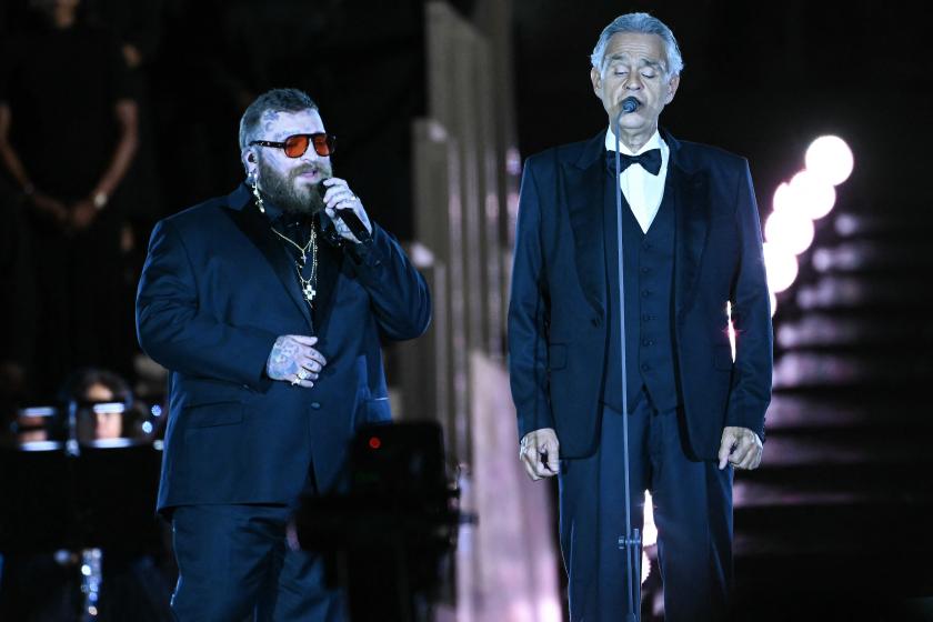 US rapper Jelly Roll (L) and Italian tenor and opera singer Andrea Bocelli, perform onstage during "Grace for the World" free concert and light show in Saint Peter's Square at the Vatican on September 13, 2025. "Grace for the World" concert is co-directed by American songwriter Pharrell Williams and Italian tenor Andrea Bocelli. The event marks the end of the third "World Meeting on Human Fraternity", a series of encounters launched after the 2020 publication of the "All Brothers" encyclical by the late pop
