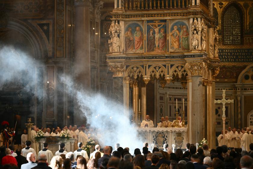 Pope Leo XIV (2ndR at the altar) presides over a mass at Saint John Lateran archbasilica in Rome, on November 9, 2025. Alberto PIZZOLI / AFP