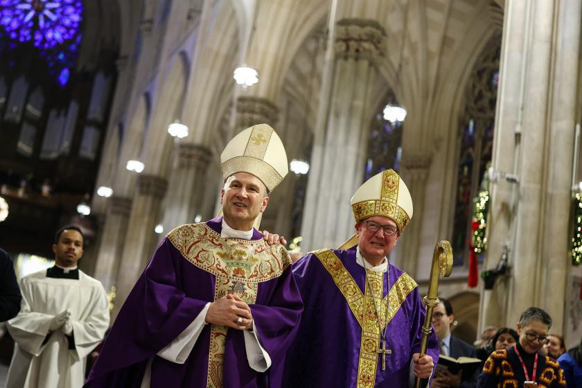 Cardinal Timothy Dolan (R) and his successor Ronald Hicks arrive to lead a mass at St. Patrick's Cathedral in the Manhattan borough of New York City on December 18, 2025. Pope Leo XIV has accepted the resignation of New York's conservative Archbishop Timothy Dolan and named a little-known, pro-migrant bishop from his native Chicago to replace him, the Vatican said on December 18. CHARLY TRIBALLEAU / AFP