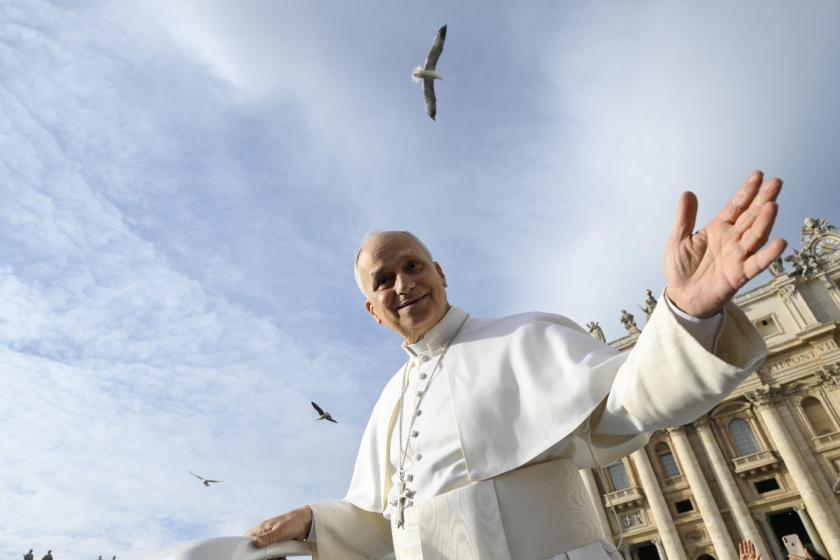 A handout picture provided by the Vatican Media shows Pope Leo XIV greeting attendees during the Jubilee Audience in St. Peter's Square, Vatican City, 20 December 2025.