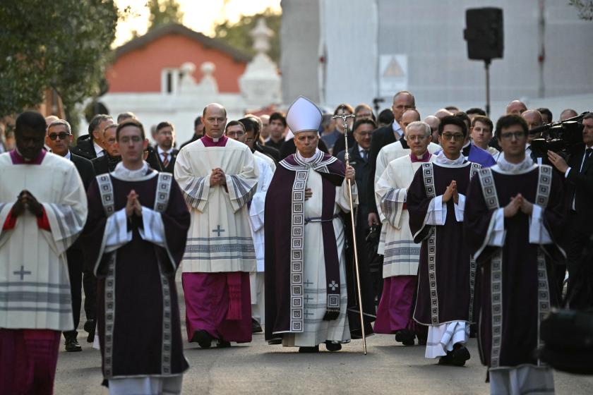 Pope Leo XIV attends a penitential procession outside the Church of Saint Anselm on the Aventine Hill in Rome before a holy mass on Ash Wednesday at the Basilica of Saint Sabina, on February 18, 2026. Andreas SOLARO / AFP